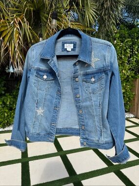 Embellished Light Blue Denim Jacket with Star Accents